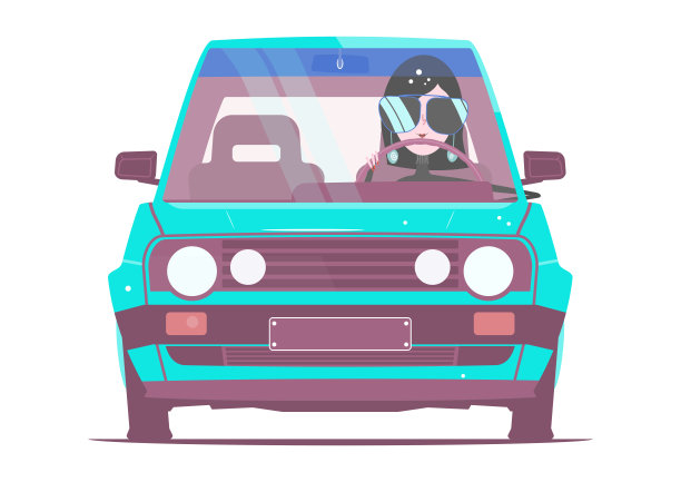 女司机和颜色鲜艳的车。图片下载