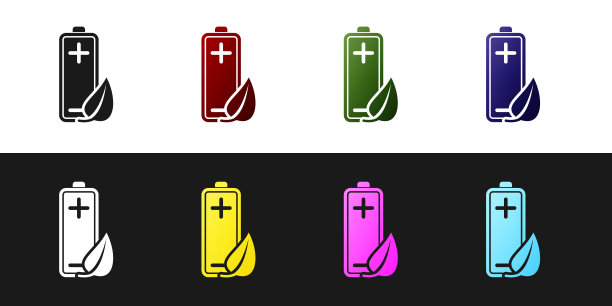 设置生态自然树叶和电池图标隔离在黑色和白色背景。基于生态节能的能源理念。矢量图图片下载