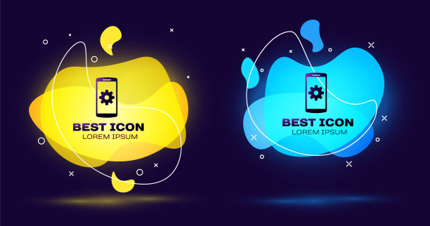 智能手机屏幕图标上的黑色设置。手机和齿轮标志。调整应用程序，设置选项，修复，修复手机概念。一套液体颜色抽象几何形状。矢量图图片下载