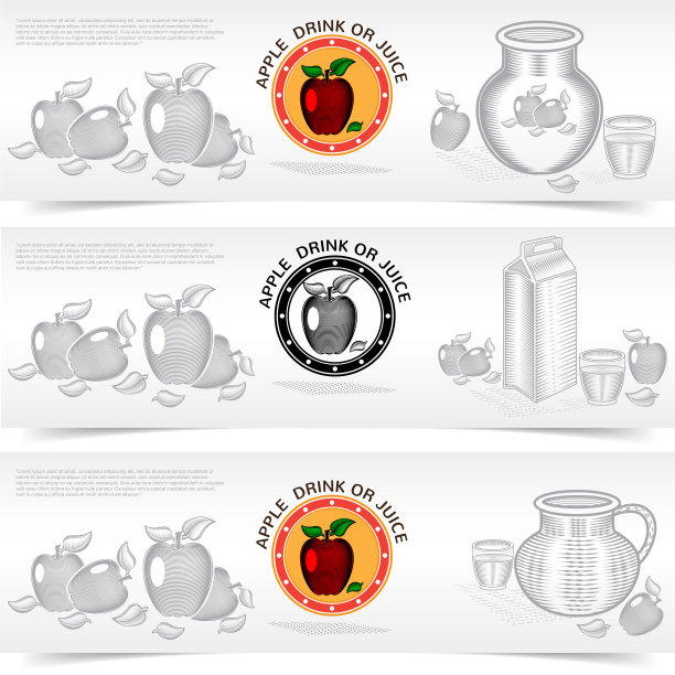 三个方形横幅的苹果汁或饮料产品。矢量插图雕刻风格图片下载