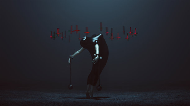 黑色芭蕾舞者恶魔在一个伸展的前位置包裹在黑色乳胶和锁手腕与浮动倒置交叉未来3季度后右视图图片下载