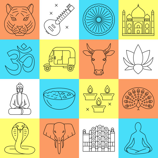 印度图标设置在细线风格图片下载