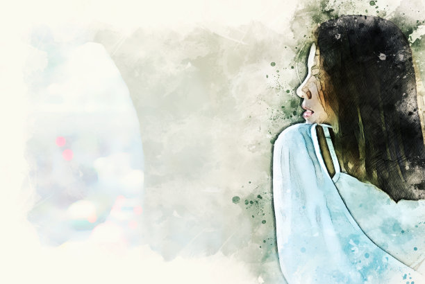 美丽的亚洲女人站在步行街和旅游在首都的水彩插图绘画背景。图片下载