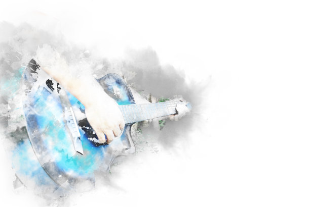 抽象美男子弹吉他前景上的水彩画背景和数字插图画笔艺术。图片下载