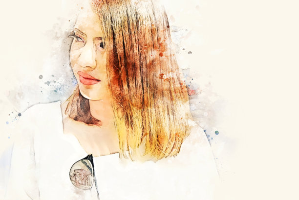 抽象的美丽女人微笑肖像旅行和行走在城市街道上的水彩插画绘画背景。图片下载