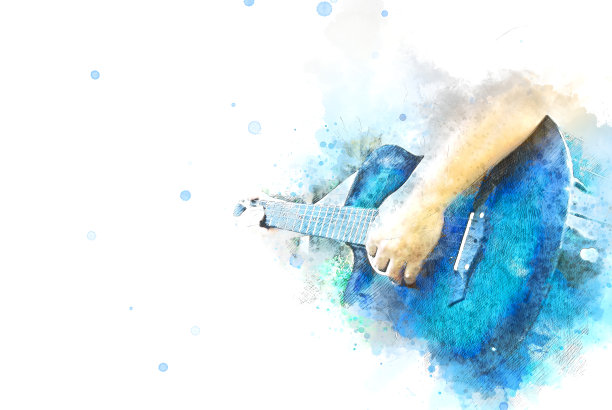 抽象美男子弹吉他前景上的水彩画背景和数字插图画笔艺术。图片下载