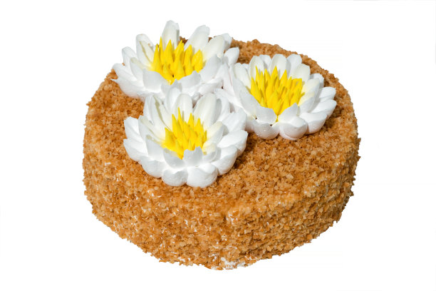 用奶油花装饰的美味蛋糕。孤立在白色背景上。图片下载