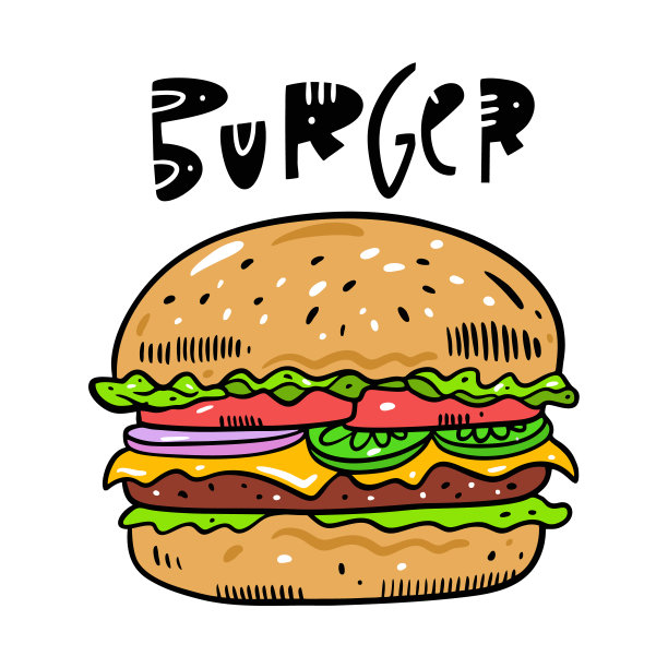 汉堡手绘矢量图。卡通风格。孤立在白色背景上。图片下载