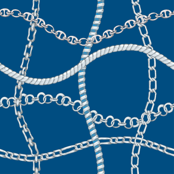 无缝图案与复古手绘银链在蓝色背景。绘画雕刻纹理。适合时尚，纺织，装饰框架，游艇风格的名片图片下载