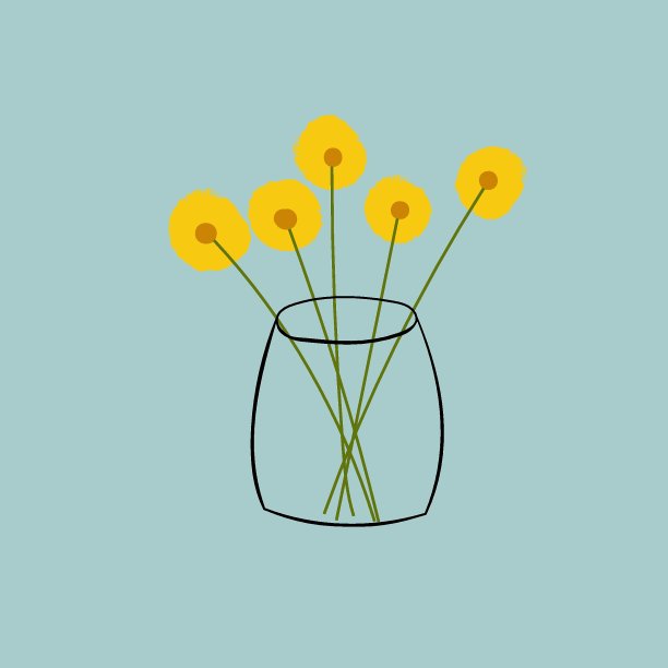 手绘涂鸦矢量插图的蓬松的黄色雏菊在透明的花瓶上蓝灰色的背景。当代素描风格。室内装饰贺卡图片下载