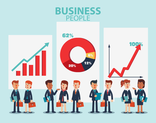 年轻的商人和女商人交谈和讨论。商务人士有财务图表。成功，理念，营销介绍，成长和商业战略矢量插图图片下载