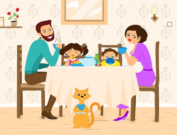 家人在家喝茶平面矢量插图图片下载