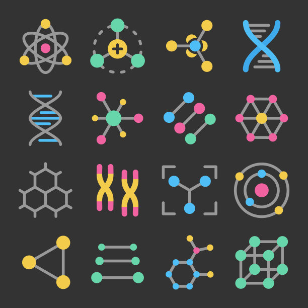 原子，分子，dna，染色体彩色矢量图标设置在黑暗的背景图片下载
