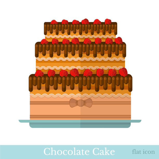 平面图标三层巧克力蛋糕与草莓在白色图片下载