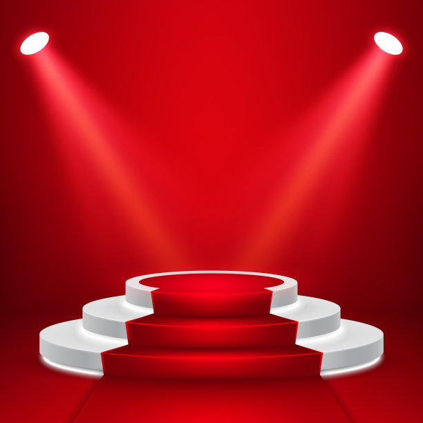 带灯光的圆形舞台讲台矢量背景，带红地毯的颁奖典礼舞台场景矢量图图片下载
