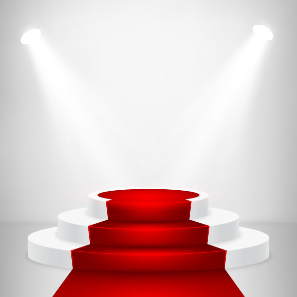 圆形舞台领奖台与灯光。阶段向量背景。颁奖典礼上，台上的喜庆场面铺上了红地毯。矢量图图片下载