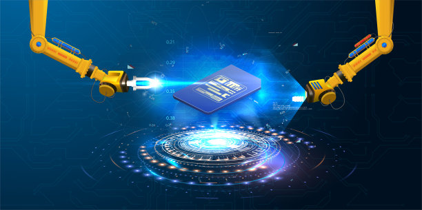 工业生产SIM卡。机器人创建了一个新的eSIM卡。机器人手臂3d在蓝色的背景。新的移动通信技术。未来投影sim卡。矢量图图片下载