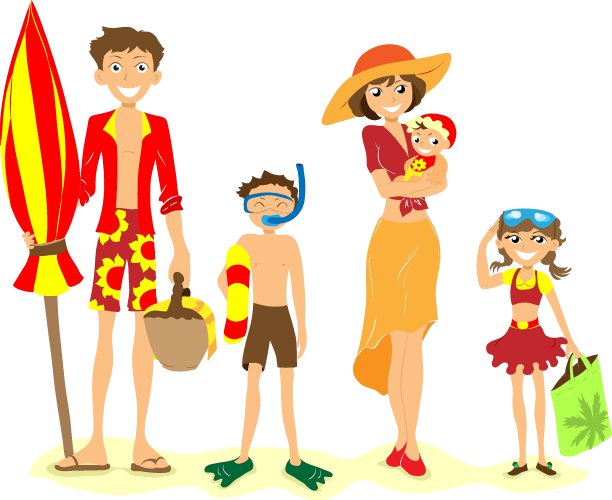 海滩上幸福家庭度假矢量插图图片下载