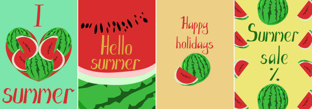 一套夏季矢量贺卡与西瓜。图片下载
