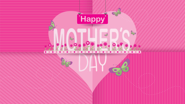 祝您母亲节快乐。“母亲”站在一片洋红的花丛中间，蝴蝶在心形的背景上飞舞图片下载