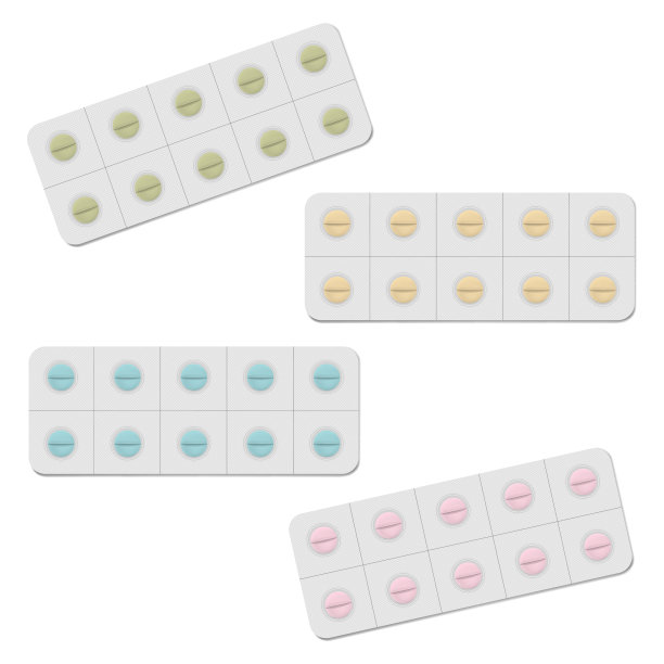 医用药丸泡罩包装与个别可拆卸的细胞，现实的模型集。每包十粒圆形彩色药片，载体模板图片下载