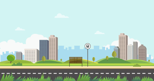 城市主干道上的巴士站，前景是草地，公共公园有长椅，背景是建筑物和天空素材图片