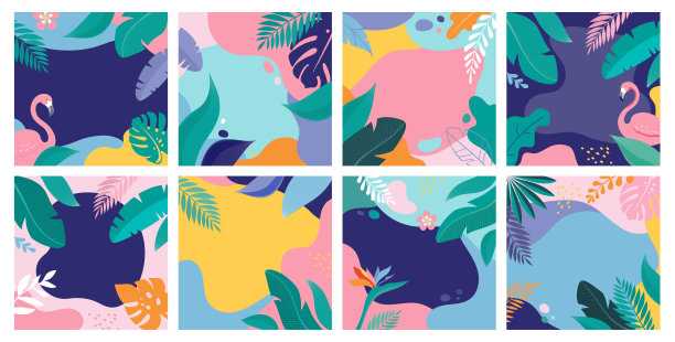 热带树叶火烈鸟夏季促销海报，现代扁平风格banner和背景。矢量素材图片下载