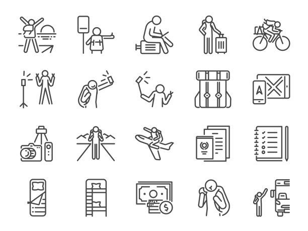 单人旅行者线路图标设置。包括旅游、度假、旅游、交通、假日、旅游等图标。图片下载