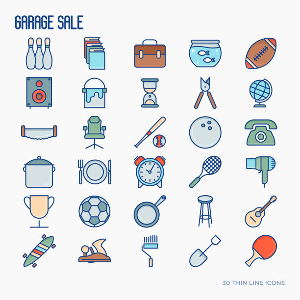 车库出售或跳蚤市场细线图标集。矢量插图的旗帜，网页，印刷媒体。图片下载