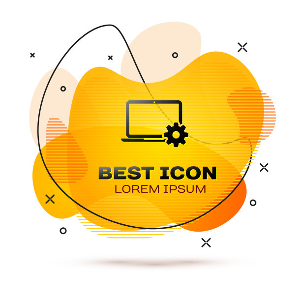 黑色笔记本电脑和齿轮图标孤立在白色背景。笔记本电脑服务理念。调整应用程序，设置选项，维护，修复，固定笔记本概念。液颜色的旗帜。矢量图图片下载