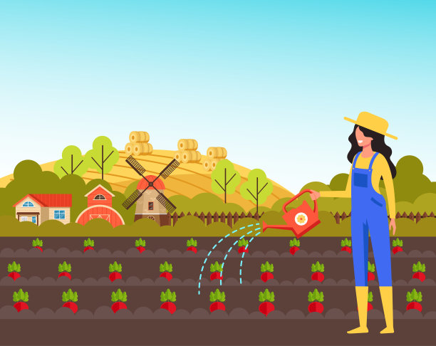 农妇性格浇灌植物。农业农业概念。矢量平面卡通图形设计插图图片下载