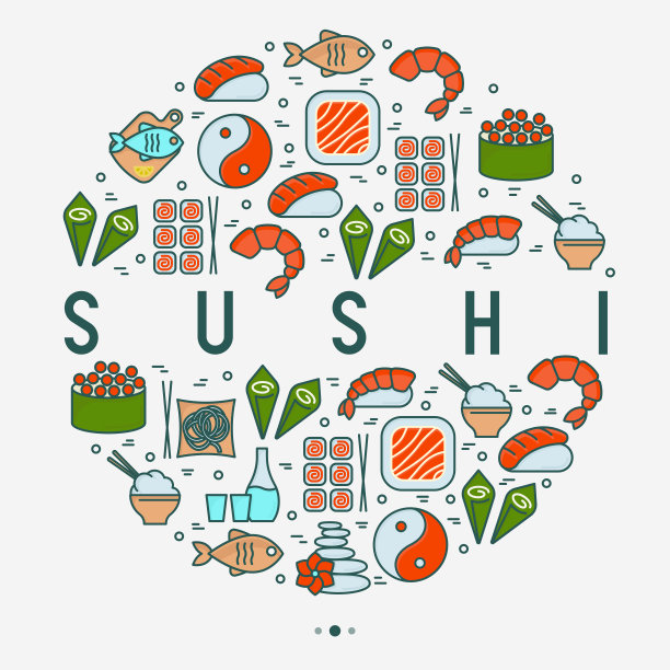 日本美食概念用细线圈出寿司、面条、茶、卷、虾、鱼、清酒等图标。矢量插图的旗帜，网页或印刷媒体。图片下载