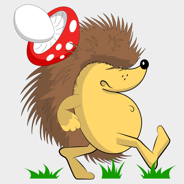 悲观的刺猬。背上有个蘑菇的刺猬。卡通人物。图片下载