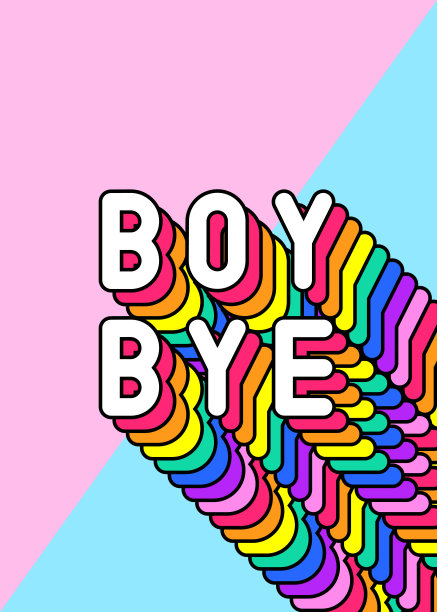 “男孩再见”有趣古怪的女孩海报。彩色的，彩虹色的文本矢量插图。卡通风格的设计模板。图片下载