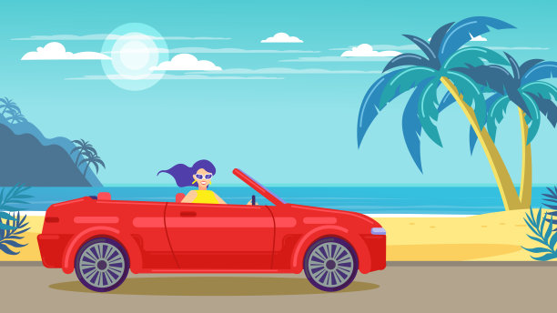 热带景观。一个女人骑着一辆红色的敞篷车在去海边的路上。图片下载