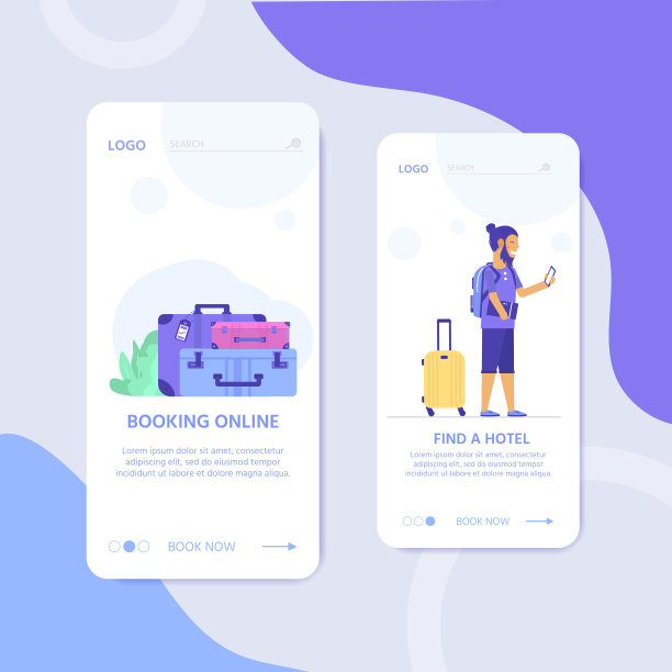 带着笔记本电脑和行李的年轻人。旅游和旅游概念的网站模板，在线预订预订，登陆页，横幅图片下载