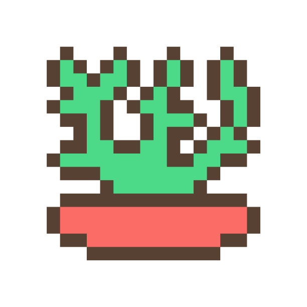 绿色仙人掌/多肉粘土花盆，16x16像素艺术图标孤立在白色背景。复古80 -90年代老学校8位老虎机/视频游戏图形。室内植物的标志。办公室植物。图片下载