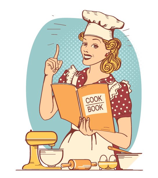 年轻的女厨师在复古风格的衣服烹饪和在她的手拿烹饪书在厨房。图片下载