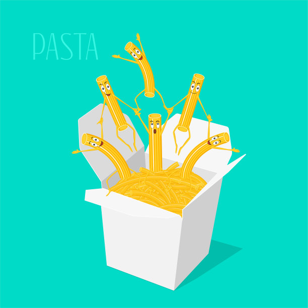 意大利面在盒子里。有趣的卡通意大利面人物笑着。矢量图图片下载