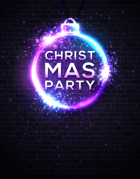 圣诞晚会海报设计模板与霓虹灯效果。圣诞装饰圈形框架上深色砖纹理。发光的电动led灯圆形边框与文本彩色矢量插图图片下载