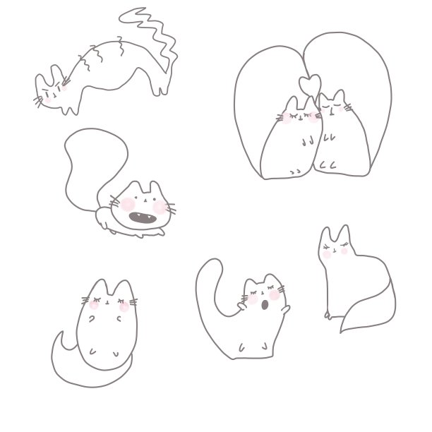 线条艺术卡通猫涂鸦风格勾勒不同姿势。可爱的猫集:爱的夫妇，尖叫，唱歌的春天猫和滑猫。数字插图灰色钢笔和粉红色的脸颊一条线孤立图片下载