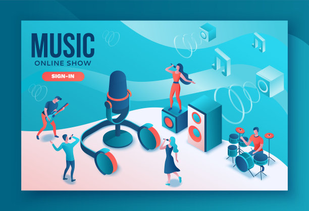 立体音乐电台节目3d插图，现代音乐会海报，音频博客概念，矢量着陆页与人唱歌，麦克风，吉他，播客录音录音室，活珊瑚色图片下载