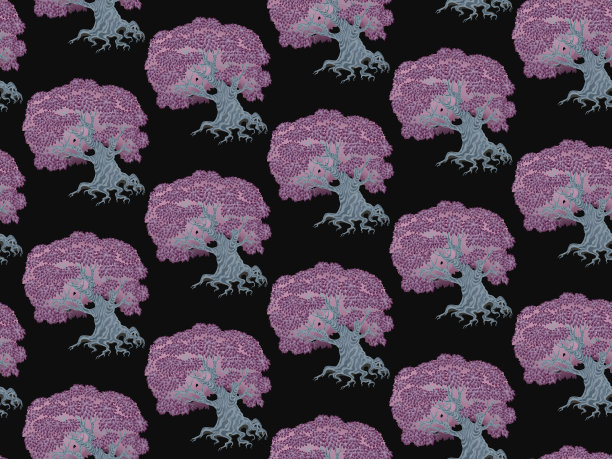 复古风格的花卉无缝图案。高大的果树在黑色的背景上盛开着浓密的紫色和粉红色的叶子。中式墙纸、包装纸、印花纺织品图片下载