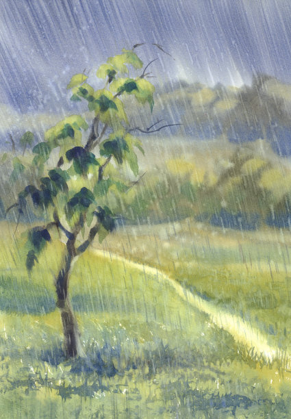 雨中的森林在绿光水彩的背景下图片下载