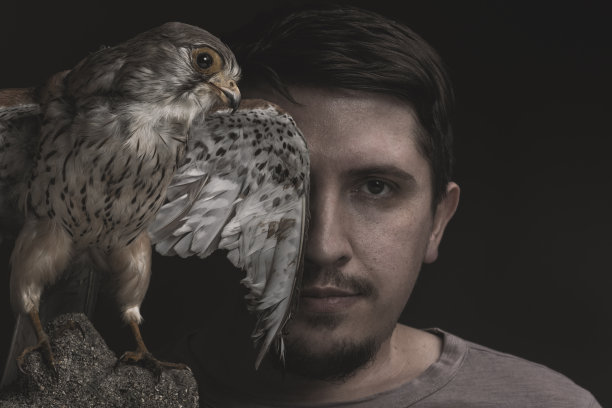 年轻男子的肖像覆盖了美丽的鹰图片下载