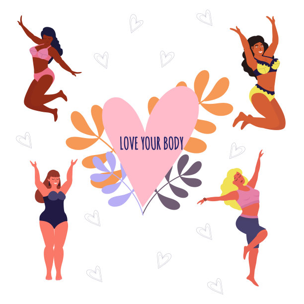 爱你的身体。快乐身体积极的概念。各种各样的大码快乐的女人。图片下载