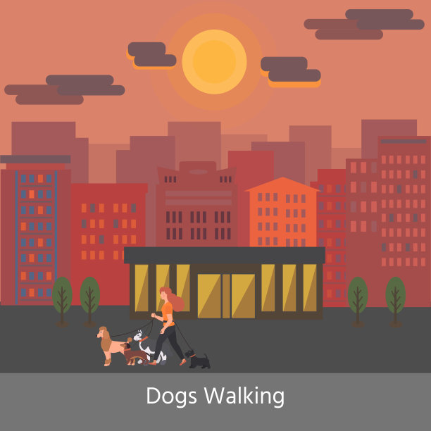 遛狗服务。横幅。一个年轻的女人和不同品种的狗散步:小猎犬，贵宾犬，腊肠犬，哈士奇。图片下载