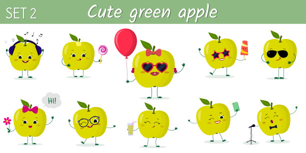 十套可爱的可爱的绿色苹果水果的各种姿态和配件卡通风格的人物。矢量插图，平面设计图片下载
