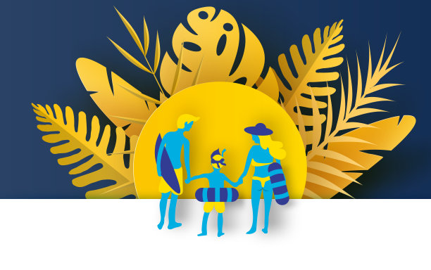 后视图插图与家人在海滩快乐的乐趣。在橡胶圈里潜水的人在游泳。热带夏季色彩粉彩简单矢量。创意数字剪纸和工艺的平面卡通风格。图片下载