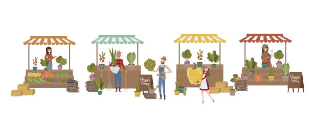 农贸市场海报，人们在步行街出售和购物，有机水果和蔬菜，卡通平面设计图片下载